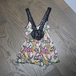 Free People Right Now Soft Knit Pleated Lace Front Floral Tank